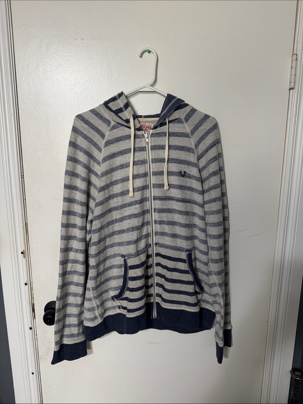True Religion Men's Striped Zip Hoodie in Gray and Navy